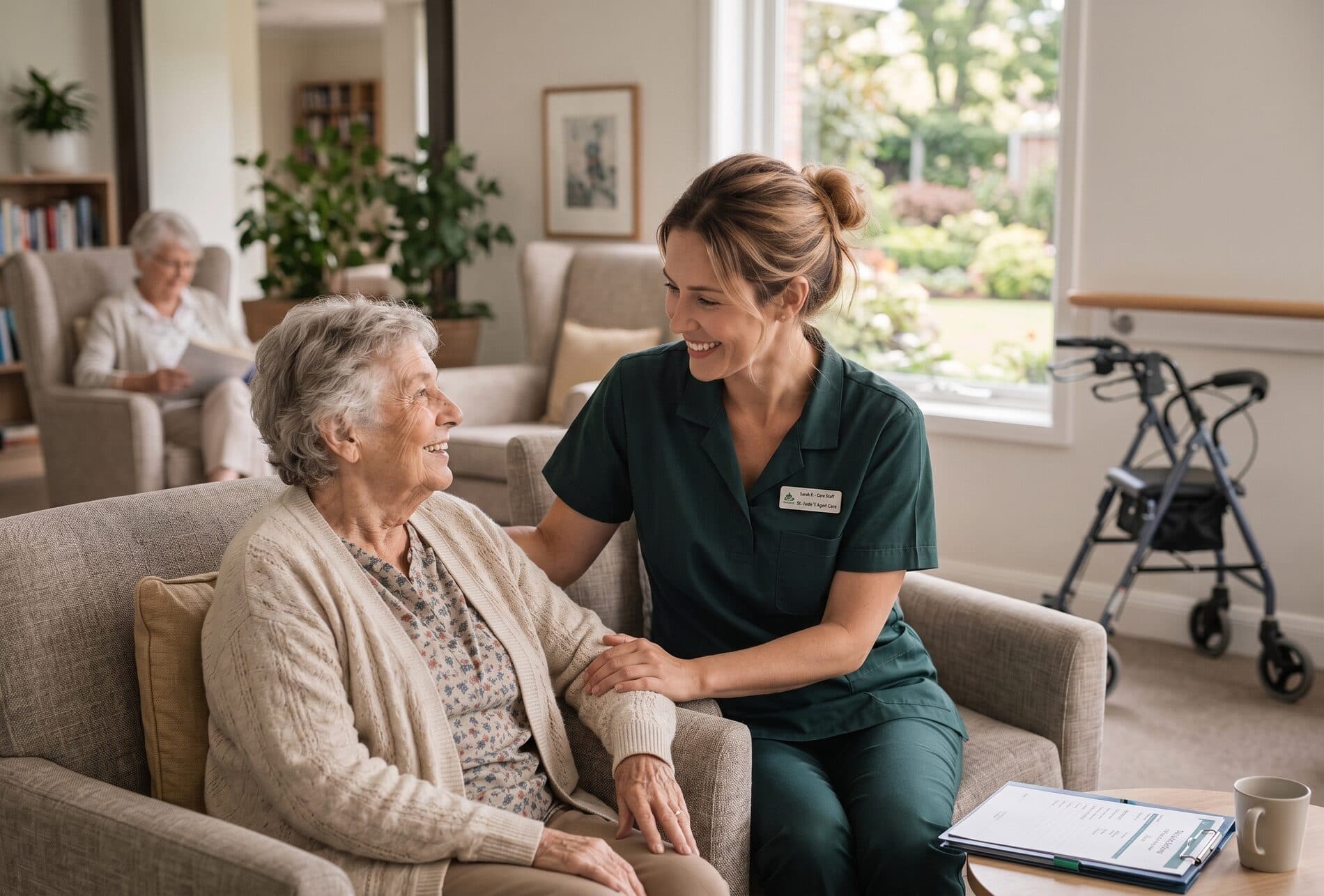 A carer sitting and talking with an older woman at home